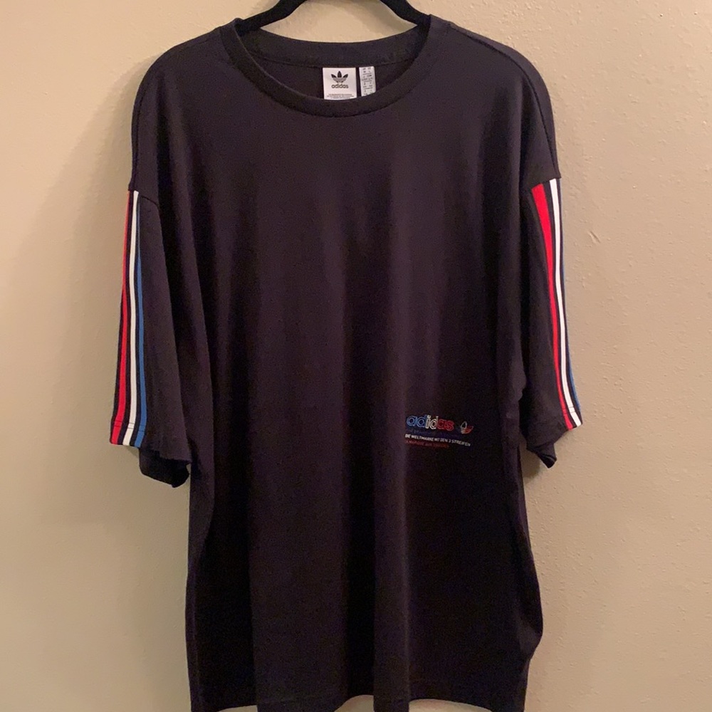 adidas originals oversized black tee with red, white, and blue stripes - large